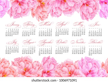 Elegant printable calendar 2019. Watercolor pink peony. Botanical art. Template for a banner, poster, notebook, cosmetics, perfume, greeting card or wedding invitation. Illustration for your design - Powered by Shutterstock