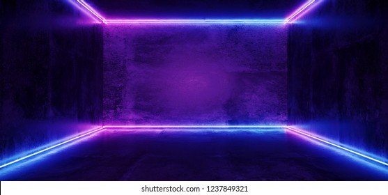 Elegant Sci Fi Minimalistic Futuristic Dark Grunge Concrete Room With Pink Purple Blue Glowing Neon Tube Lines With Reflection Empty Space For Text 3D Rendering