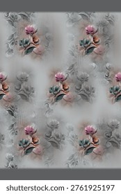 Elegant seamless abstract floral pattern featuring stylized modern flowers with soft gradient petals in teal, blue, and muted tones. The design blends smooth shapes, layered textures, and subtle blur effects to create a sophisticated and dreamy background. Perfect for textile printing, fabric design, wallpapers, wrapping paper, home decor, and digital backgrounds. The repeating pattern ensures a continuous flow, making it ideal for fashion, saree designs, and surface pattern applications with a contemporary artistic touch.