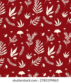 Elegant seamless botanical pattern featuring hand-drawn cream leaves and tiny mushroom elements on a deep burgundy background. Perfect for textile prints, wrapping paper, wallpaper, fabric, scrapbook, stationery, packaging, and modern vintage designs.