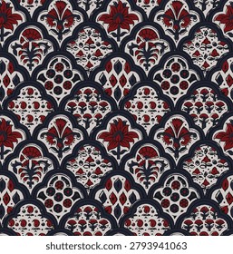 An elegant seamless ethnic pattern featuring intricate botanical and floral motifs enclosed within an ogival, fish-scale lattice network