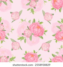 Elegant seamless floral pattern of pink watercolor peonies with green leaves on a soft pink background. Perfect for wedding designs, invitations, textile prints, wallpapers, and romantic floral themes - Powered by Shutterstock