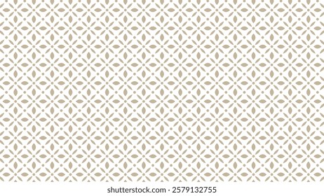 Elegant seamless pattern featuring beige petal-like motifs forming symmetrical floral shapes on a clean white background. Ideal for luxury packaging, wallpaper designs, textiles, and wedding-themed.