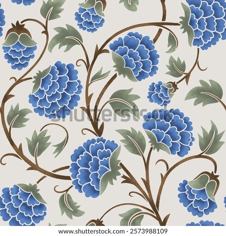 Elegant seamless pattern featuring blue trailing flowers with green leaves and brown stems on a subtle beige striped background. Perfect for fabric, wallpaper, or home decor with a vintage charm.