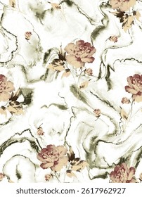 Elegant seamless pattern featuring classic vintage-style red and beige roses with soft foliage, set against a fluid green marble texture background. A romantic and timeless floral design