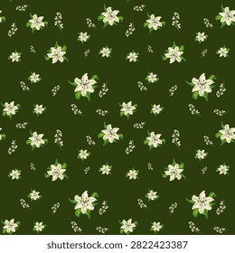 Elegant seamless pattern featuring graceful white lily flowers with vibrant green leaves and delicate tiny white wildflower sprigs, beautifully scattered across a rich dark green background