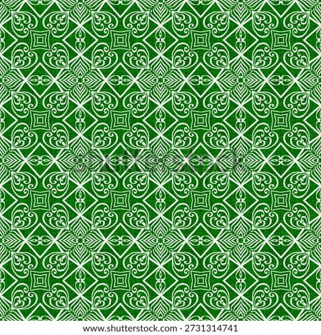 Elegant seamless pattern featuring green and white geometric diamond shapes with ornate floral filigree and leaf-like scrollwork on fabric texture 