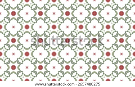 Elegant seamless pattern featuring hand-painted red floral circles and green geometric leaves in a symmetrical design. Ideal for fabric, wallpaper, wrapping paper, and backgrounds.