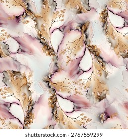 Elegant seamless pattern featuring luxury alcohol ink marble texture with soft pastel beige, blush pink, and gold accents. This abstract fluid design includes delicate floral and organic branch elements, perfect for textile prints, fashion fabrics, wallpapers, packaging, and surface design. High-end artistic background ideal for digital printing, home decor, and luxury branding projects