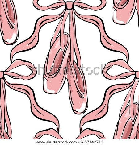 Elegant seamless pattern featuring pink ballet shoes with flowing ribbon bows ideal for classical dance lovers girly fashion projects or children bedroom textile themes