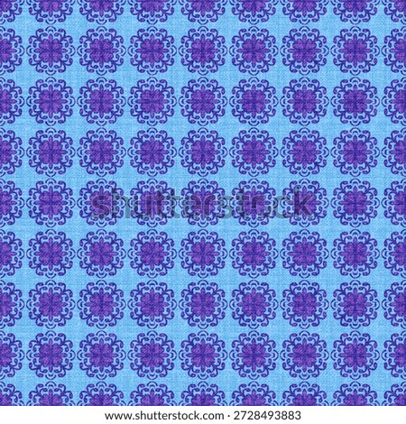 Elegant seamless pattern featuring purple damask-style filigree medallions on a light blue linen texture. Ideal for sophisticated textiles, stationery, and classic home decor backgrounds