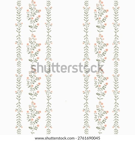Elegant seamless pattern featuring vertical floral stripes with delicate peach blossoms and green vines on white. Ideal for nursery textiles, wedding stationery, and botanical home decor prints.