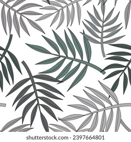 Elegant seamless pattern with gray palm leaves on white background. Sample print for wallpaper, fabric, leisure wear, beach textile, wrapping paper. African, Asian style. Minimalist palette.