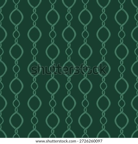 Elegant seamless pattern on dark green background featuring vertical rows of interconnected light green loops. Minimalist geometric chain design perfect for textiles, wallpaper, or branding.