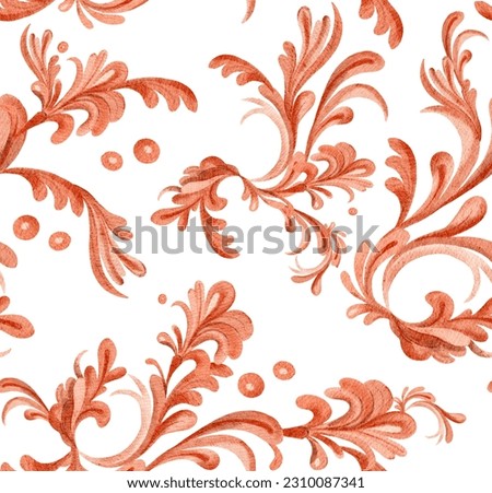 Elegant seamless pattern with ornamental scrolls. Decorative abstract design with classical victorian vignette. Watercolor beautiful repeated backdrop with vintage floral ornament