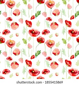 Elegant seamless pattern with watercolor painted decorative red poppy flowers, design elements. Floral pattern for wedding invitations, greeting cards, scrapbooking, print, gift wrap, manufacturing.