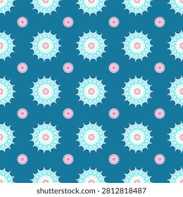 An elegant seamless textile pattern featuring intricate circular floral mandalas in soft mint green and white with vibrant coral-red centers, paired with small dusty pink flower motifs in an alternating grid over a rich cerulean blue background. This refreshing bohemian design is perfect for summer fashion fabrics, resort wear, decorative wallpaper, and premium product packaging