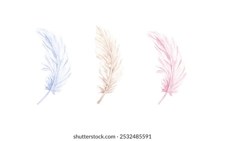 Elegant set hand drawn with watercolor. Light pink, beige, purple feathers. Printable clip art isolated on white. Design elements for card, invitation, banner - Powered by Shutterstock