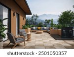 Elegant space terrace with lounger wooden sofa and chair. Greenery of palm trees. Lounge chair yard. Outdoor furniture - luxury nice exterior design. Courtyard mockup. High Resolution. 3D Rendering