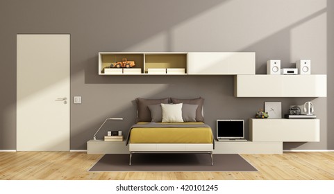 Elegant  Teenage Boy Bedroom With Wall Unit And Closed Door -3d Rendering