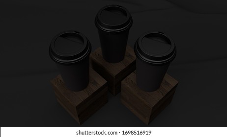 Elegant template with ilustración 3D design of Black scene to use as mockup with black coffee delivery cups on dark brown wooden cubes in photo studio with black cloth background for branding