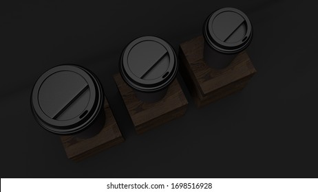 Elegant template with ilustración 3D design of Black scene to use as mockup with black coffee delivery cups on dark brown wooden cubes in photo studio with black cloth background for branding