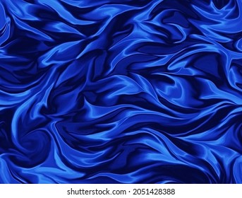 Elegant Ultramarine Fabric Backgrounds. Metallic Color Of Shiny Textile, Soft Blue Texture. Satin Folds, Waves Pattern. Luxury Fashion. Smooth Glossy Clothes. Silk Bedsheet. Seamless Wallpaper