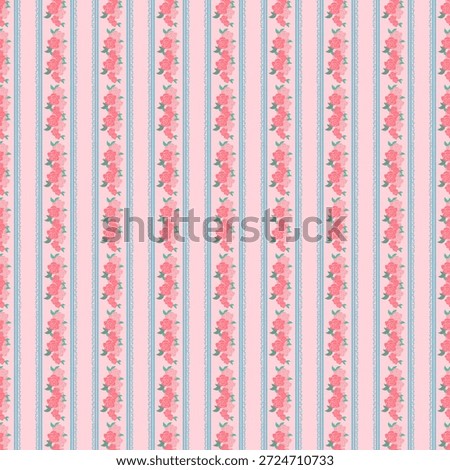 Elegant vertical stripe pattern with soft pink roses and delicate borders on a blush background. Perfect for fabric, wallpaper, stationery, wrapping paper, and feminine decorative designs.