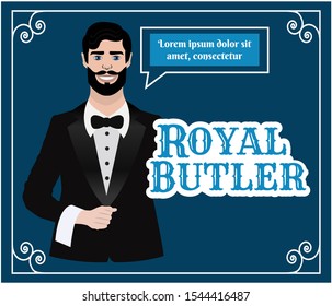 Elegant Vintage Butler Holding A Towel. Classy Waiter Illustration. Gentleman. A Happy, Smiling, Nice Man Wearing The Suit, Costume, Bow Tie. Victorian, Old Style, Retro Style, Fashion. Decorations.