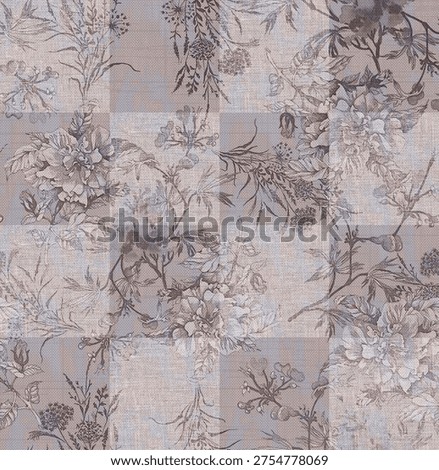 Elegant vintage floral patchwork pattern featuring delicate botanical illustrations arranged in a quilt-style layout. Soft neutral tones of beige, taupe, and muted gray create a timeless and sophisticated textile look. The design combines classic floral motifs with subtle textured squares, giving a rustic yet refined aesthetic. Ideal for wallpaper, fabric prints, home décor, scrapbooking, packaging, and digital backgrounds.

Keywords: