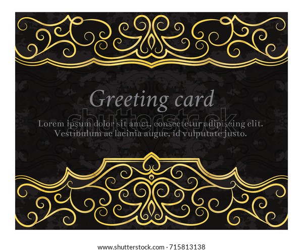 Elegant vintage\
greeting card with gold ornament on black background. Design\
element for wedding invitation or announcement template, banner,\
postcard, save the date card.\

