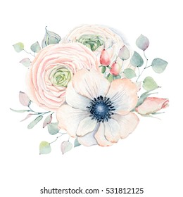 Elegant watercolor flower composition. It is perfect for  wedding and birthday card,  invitation,  valentines card.