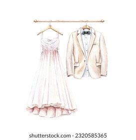  Elegant wedding clothes for bride and groom. Dress and suit on a wood hanger. Hand drawn watercolor illustration on white background. Design for cards, invites, prints - Powered by Shutterstock