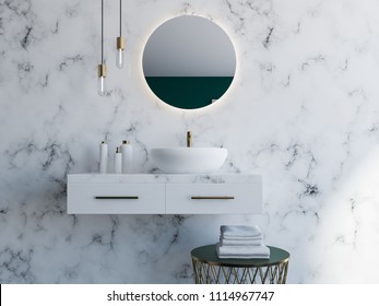 Elegant white sink standing on a white shelf. A round mirror is hanging above it. White marble bathroom interior. 3d rendering mock up