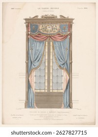 Elegante diseño de ventana con cortinas azules y rosas. Ilustración de Antiguas de cortinas adornadas. Cortinas detalladas con acentos florales. Cortinas clásicas para el comedor. Boceto de Antiguas, ilustración de arte.