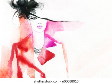 Elegant woman in hat. Fashion illustration. Watercolor painting