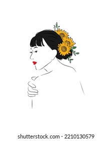 Elegant Woman Illustration Wearing Sunflower Crown