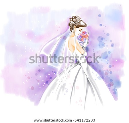 Elegant young bride with bouquet of flowers in beautiful long wedding dress. Watercolor invitation card. Freehand watercolour painting.