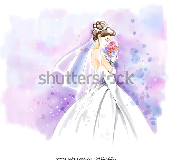 美しい長いウエディングドレスに花束の花束を持つ優雅な若い花嫁 水彩の招待状 フリーハンド水彩画 のイラスト素材