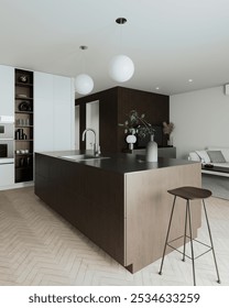 An elegantly designed modern kitchen that boasts sleek lines, a dark centerpiece island, and chic contemporary decor. 3D Illustration