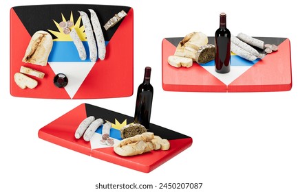 Elegantly laid on Antigua and Barbuda's flag, a gourmet array of cheeses, meats, bread, and wine, celebrating Caribbean flavors. - Powered by Shutterstock