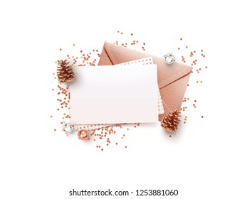 Eleglance Stylish Empty Memo Paper, Rose Gold Envelope Mockup Design Template With Christmas Decoration Pops