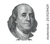 Element from a Banknote. Benjamin Franklin Cut from 100 Dollars Banknote Bill on a white background.