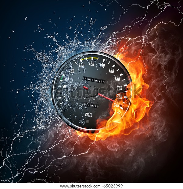 Element\
car speedometer. Illustration of the speedometer enveloped in flame\
and water isolated on black background. High resolution speedometer\
in fire and water image for a car race\
poster.
