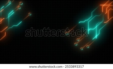 Element of a computer circuit board. Electrical signals travel through wires and conductors in computer mic. neon Digital Circuit computer Network Technology internet data space black Background 