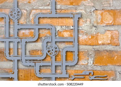 Element connection of water pipes and tools on a background of a brick wall in the form of a contour pattern, cut out of paper, there is a place for the text block. - Powered by Shutterstock