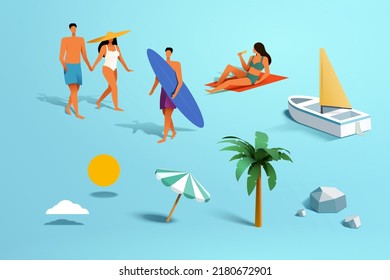 Element set of summer beach illustrations, including walking couple, man carrying surfboard, sunbathing woman, sailboat, cloud, sun, parasol, palm tree, and rocks isolated on blue background. - Powered by Shutterstock