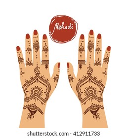 Element yoga mudra hands with mehendi patterns.  illustration for a yoga studio, tattoo, spas, postcards, souvenirs. Indian traditional lifestyle.