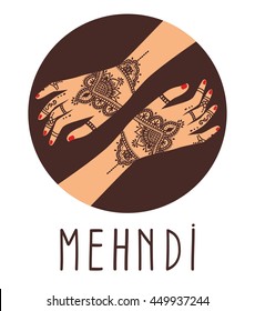 Element yoga mudra hands with mehendi patterns.  illustration for a yoga studio, tattoo, spas, postcards, souvenirs. Indian traditional lifestyle.