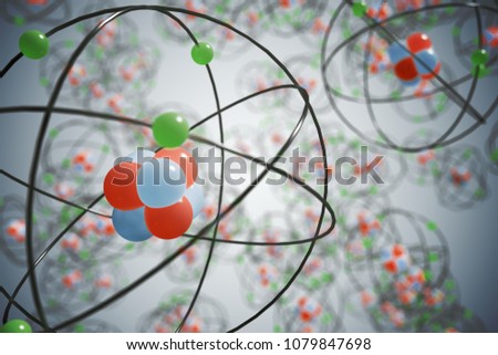 Elementary particles in atom. Physics concept. 3D rendered illustration.